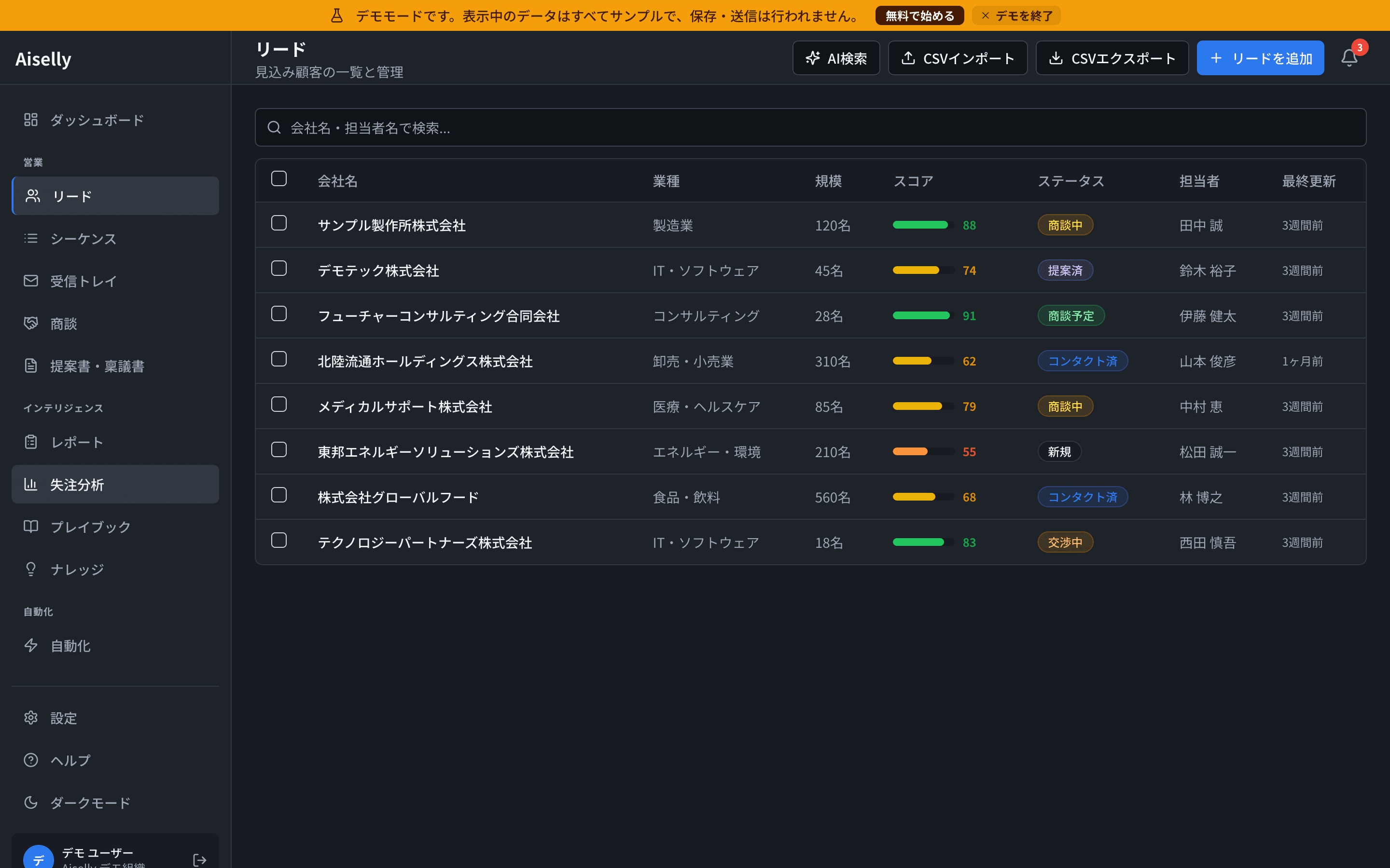 Aiselly のリード管理（AIスコアリング）